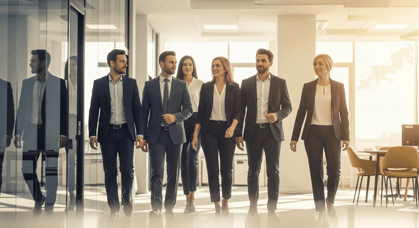 Leadership team walking through a modern office