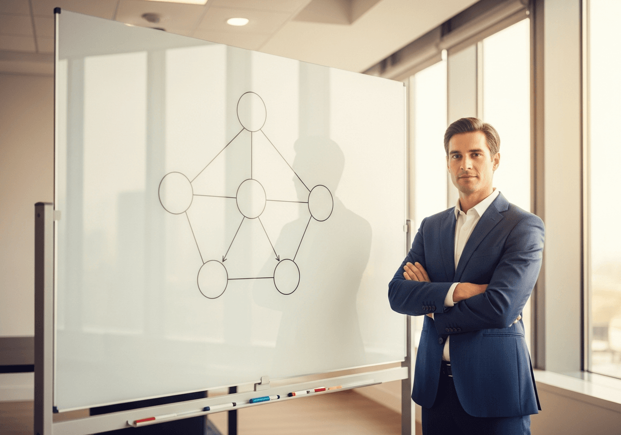 Leader standing beside a six-discipline framework